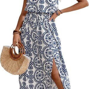 Women's Floral Ruffle Maxi Dress Off Shoulder Beach Slit Hem Summer